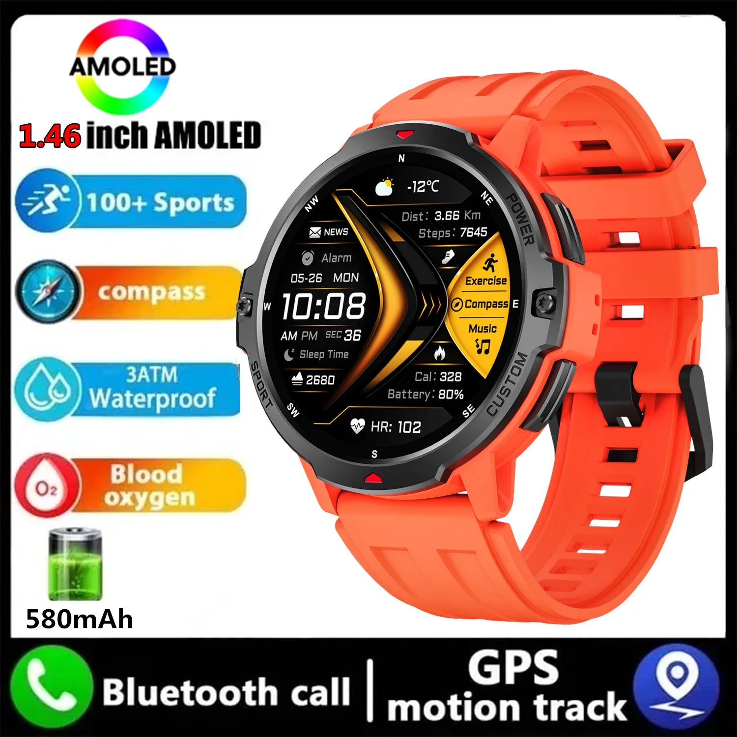 Hiwego GPS Outdoor Smartwatch | 1.46" AMOLED, Barometric Altimeter, Compass & 5ATM