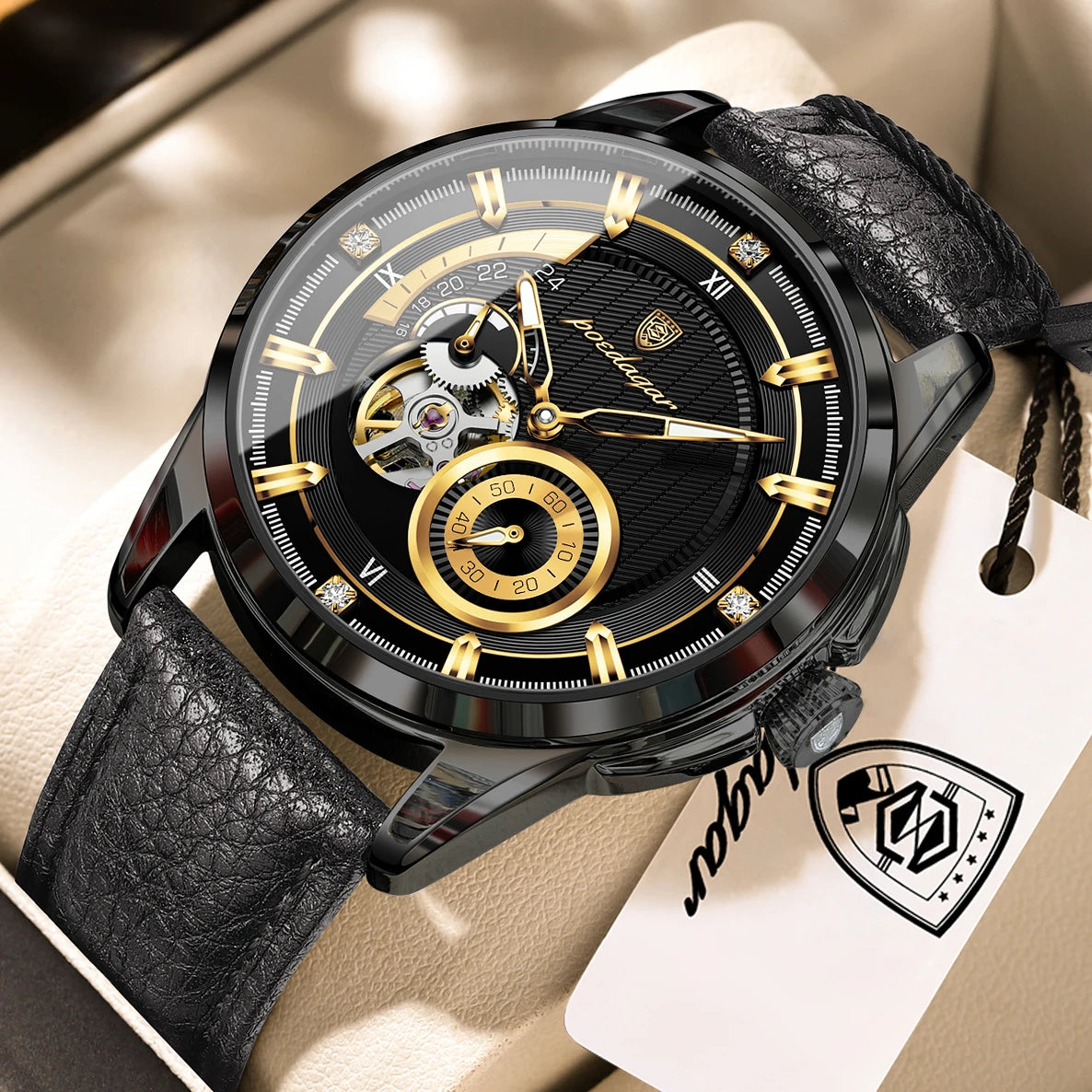 POEDAGAR High Quality Luxury Men Watch Fashion Hollow Tourbillon Man Clock Automatic Mechanical Leather Men's Watches Male Reloj