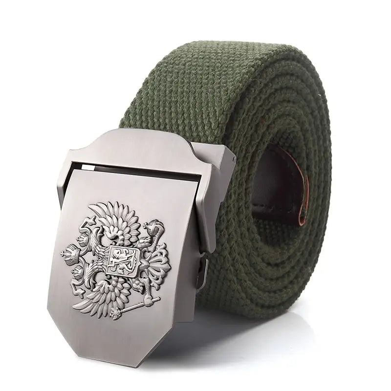 Men's Canvas Military Belt – Russian Emblem Silver Buckle