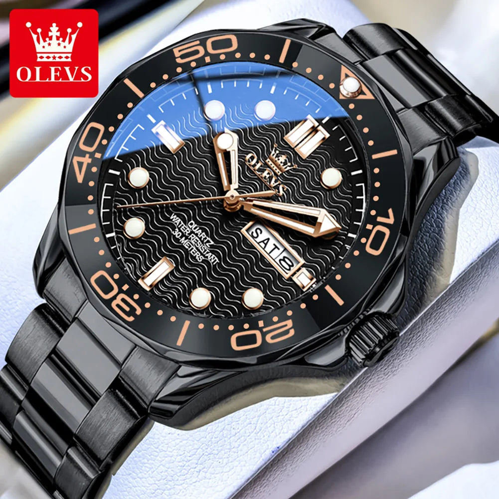 OLEVS Luxury Man Watch Fashion Rotation Bezel Diving Series Original Quartz Wrist Watch for Men Dual Calendar Waterproof Watches