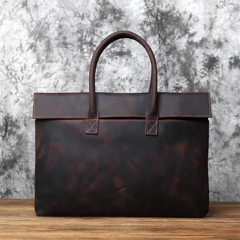 Men's Crazy Horse Leather Clutch Briefcase – Slim Cowhide, Two Sizes, 15" or 16" Laptop