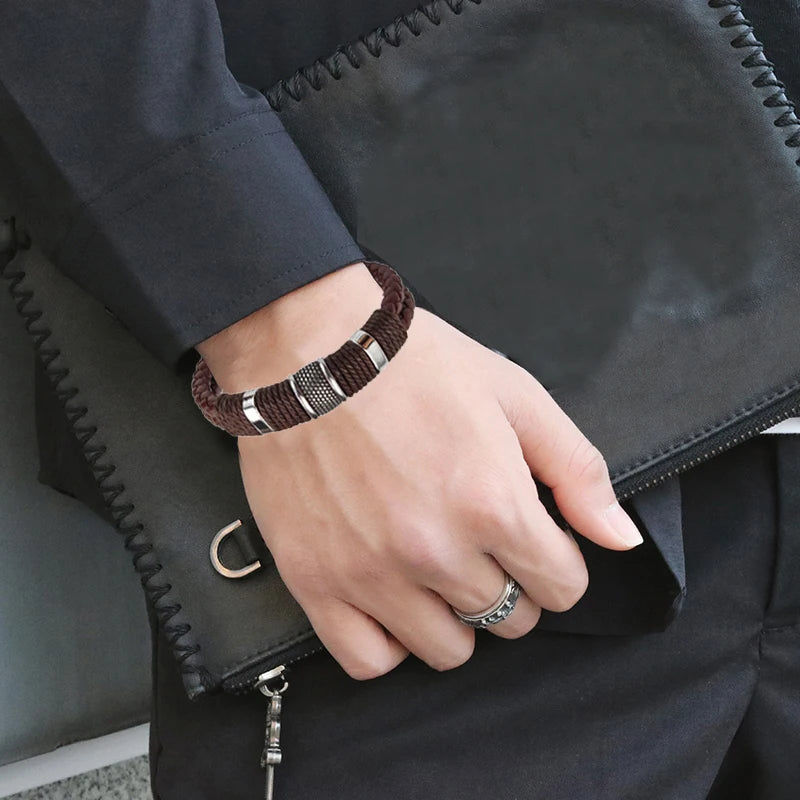 Charm Vintage Multilayer Brown Leather Stainless Steel Men Bracelet Bead Bracelet Jewelry Male Wrist Bangle Christmas Gifts