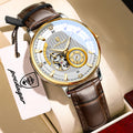 POEDAGAR Business Men Watch Waterproof Luminous Hollow Tourbillon Leather Male Clock Fashion Automatic Mechanical Men's Watches