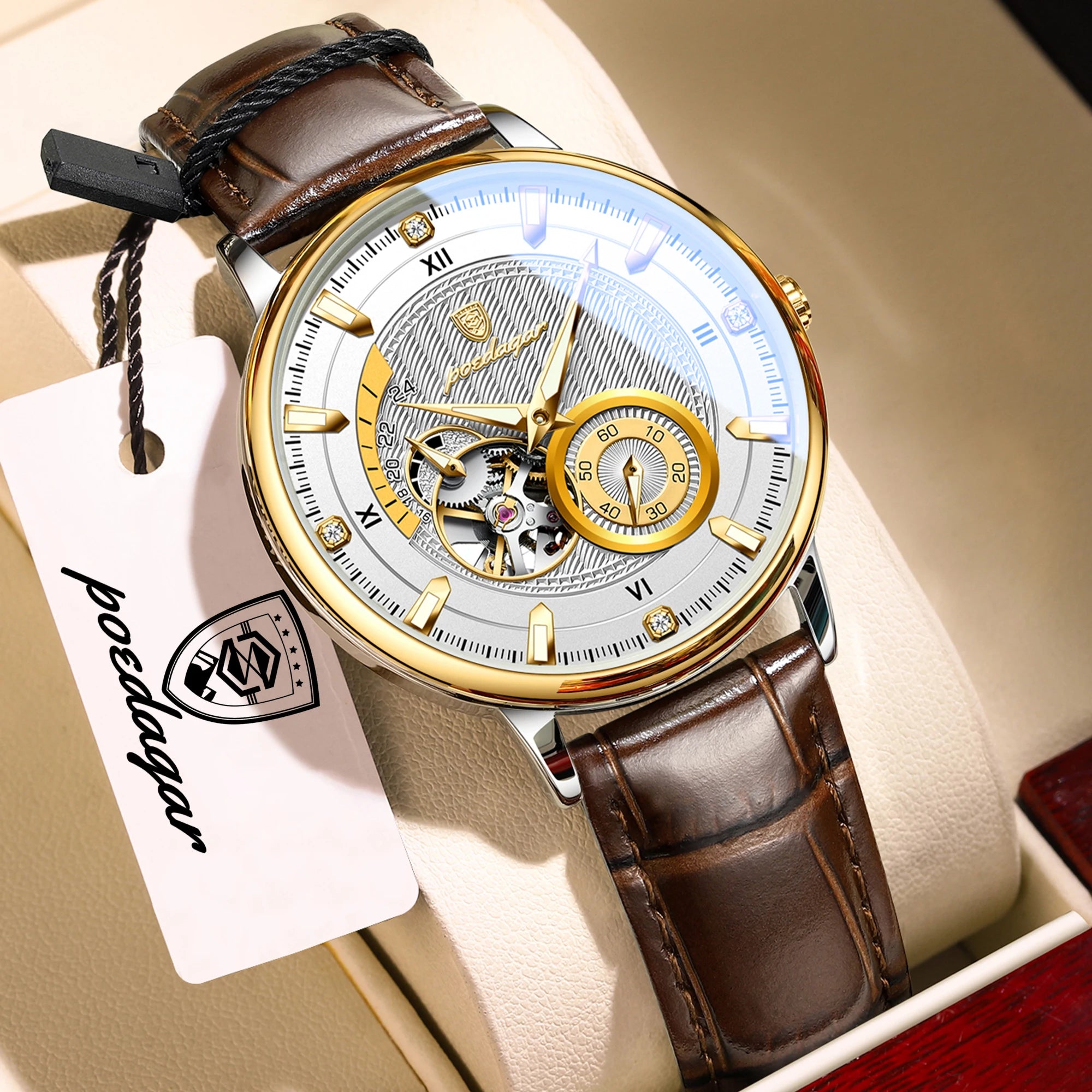 POEDAGAR Business Men Watch Waterproof Luminous Hollow Tourbillon Leather Male Clock Fashion Automatic Mechanical Men's Watches