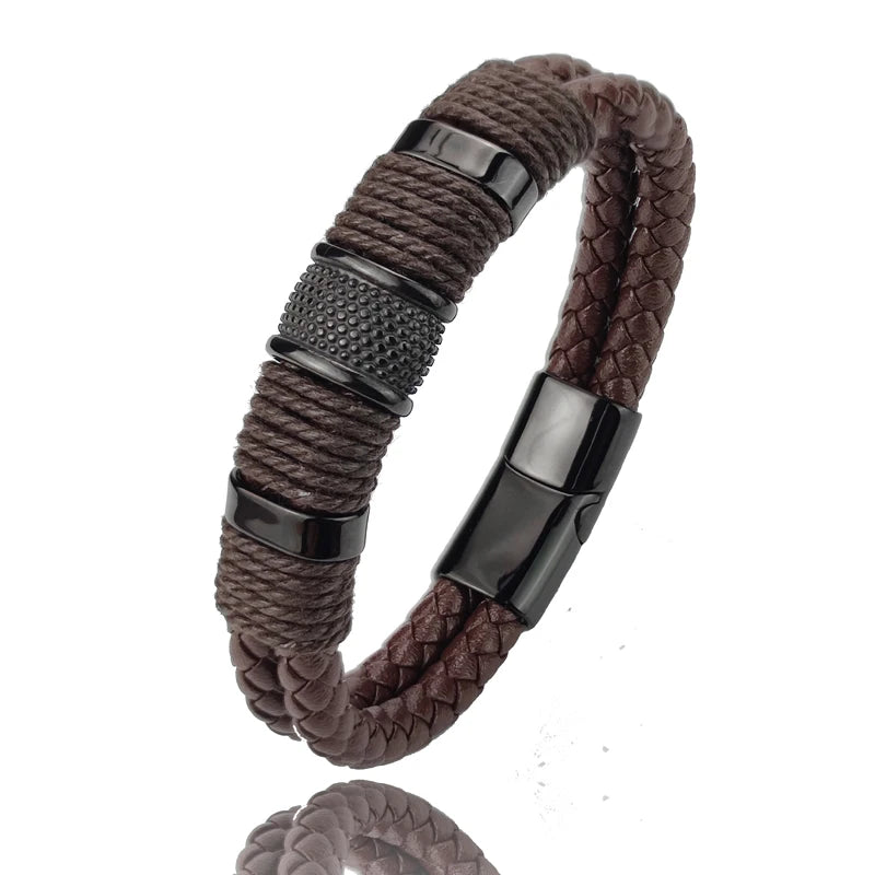 Men's Vintage Multilayer Leather Bead Bracelet – Stainless Steel Charm Bangle
