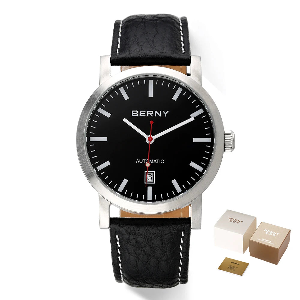 BERNY AM038M Automatic Watch – Seagull ST1612, Sapphire Crystal, Leather Strap, 50m Water Resistant