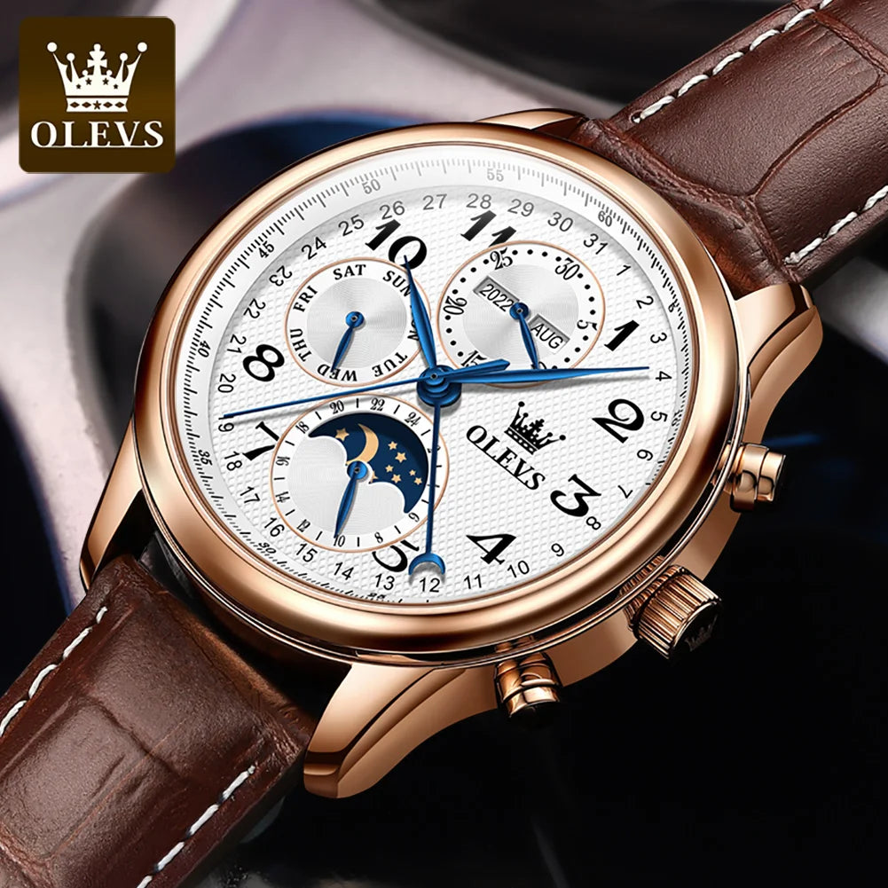 OLEVS Original Automatic Mechanical Watch for Men Leather Strap Moon Phase Waterproof  Week Calendar Business Men's Wristwatches