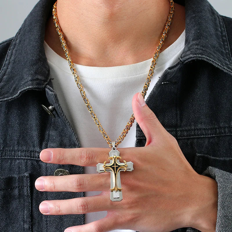 Vnox Men Cross Necklace with 4MM Byzantine Chain,Punk Rock Stainless Steel Catholic Crucifix Pendant Religious Jewelry