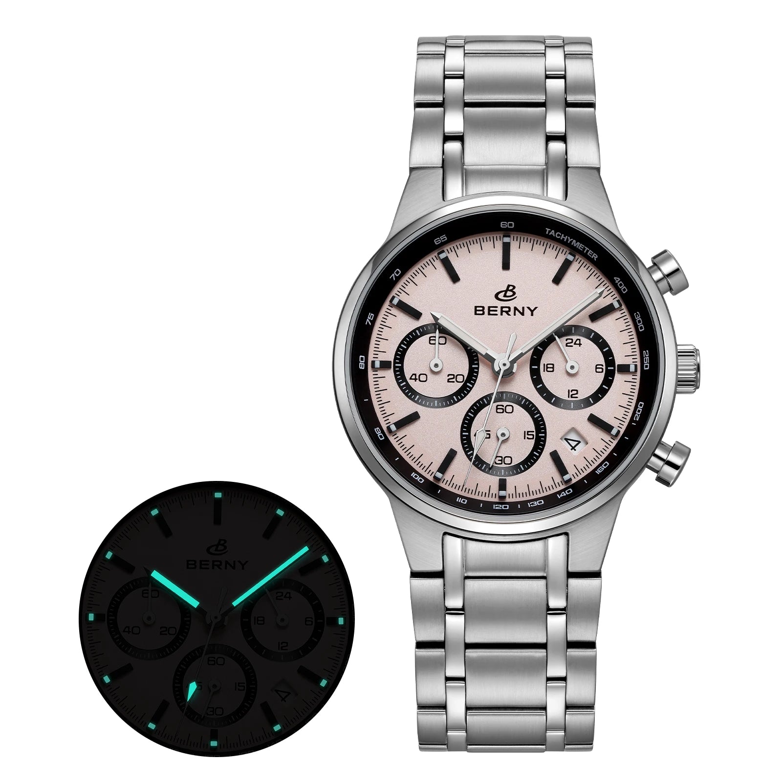 BERNY 2825M Quartz Chronograph Watch – Panda Dial, Sapphire-Coated Crystal, 38mm Stainless Steel