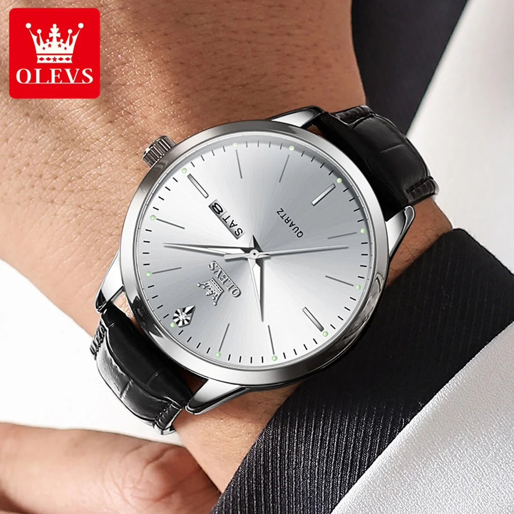OLEVS Top Original Quartz Watches for Men Simplicity Dual Calendar Large Dial Leather Strap Waterproof Luminous Men's Wristwatch