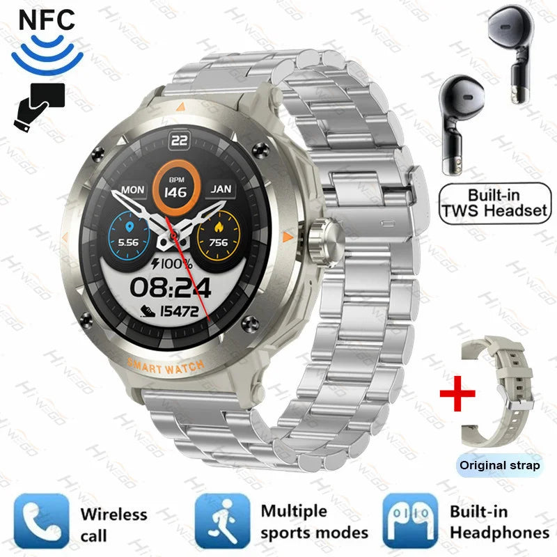 2-in-1 Smartwatch & Bluetooth Earbuds | NFC, GPS Tracking, Heart Rate & Music