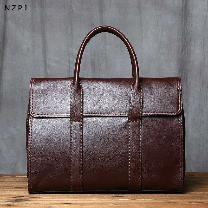 Men's Genuine Leather Briefcase – Magnetic Hasp Satchel, Trolley Sleeve, 14" Laptop