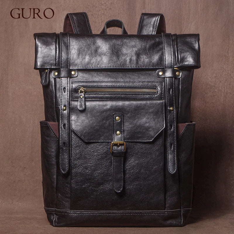 GURO Genuine Cowhide Leather Backpack – Men's Vintage Travel & Laptop Bag