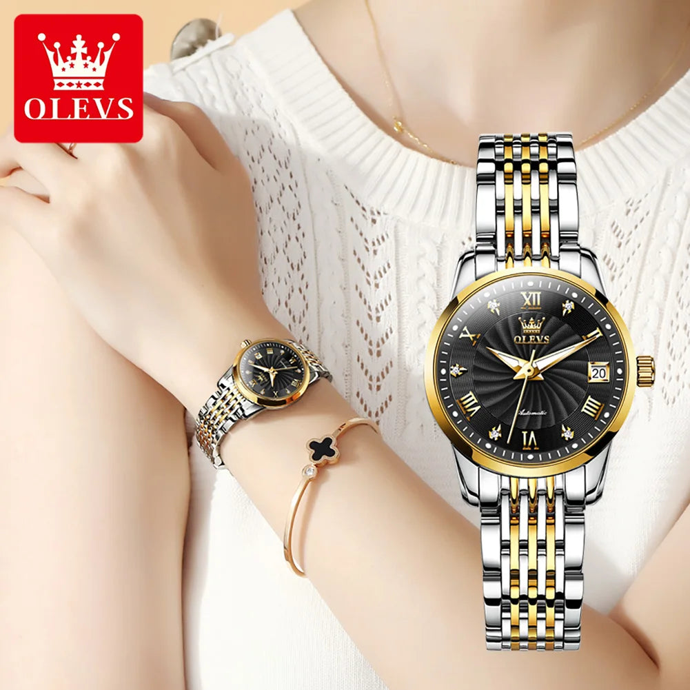 OLEVS 6630 Automatic Women's Watches Stainless Steel Waterproof Auto Date Luminous Ladies Watches Top Mechanical Watch for Women