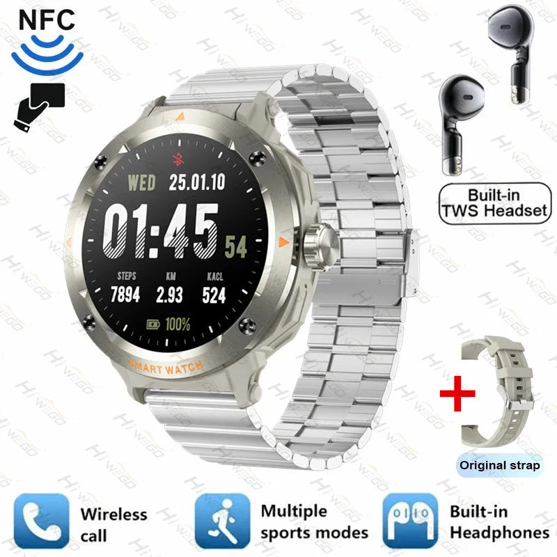2-in-1 Smartwatch & Bluetooth Earbuds | NFC, GPS Tracking, Heart Rate & Music