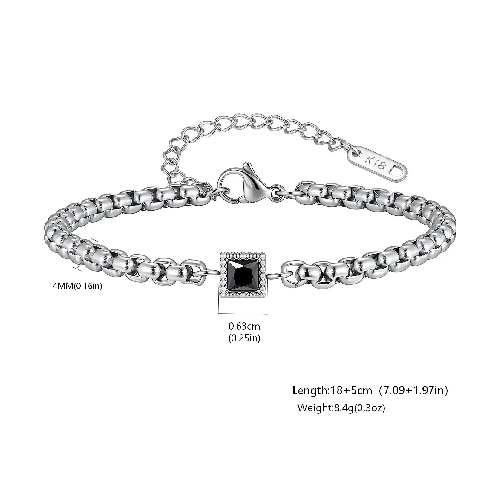Men's Zircon Charm Bracelet – 4mm Square Chain, Stainless Steel, Waterproof