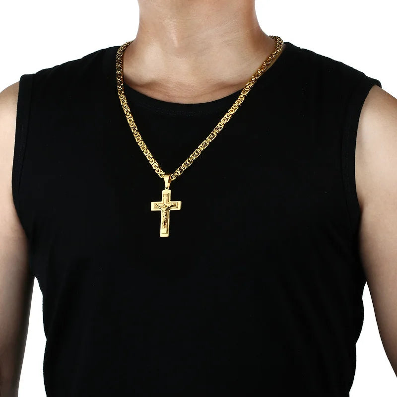 Stainless Steel Long Byzantine Chain Christian Crucifix Jesus Cross Pendants Necklaces for Men Necklace Religious Jewelry colar