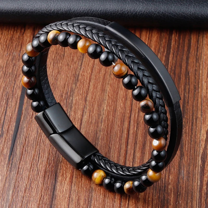 Men's Braided Leather Rope Bracelet – Stainless Steel Magnetic Clasp, Multi-Colour