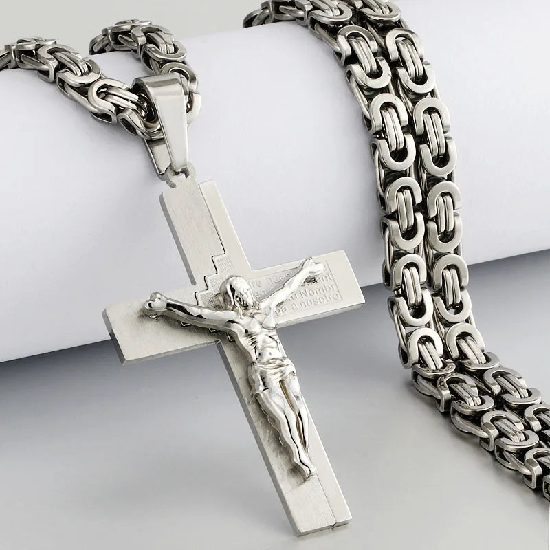 Men's Heavy Crucifix Cross Pendant Necklace – Stainless Steel Byzantine Chain
