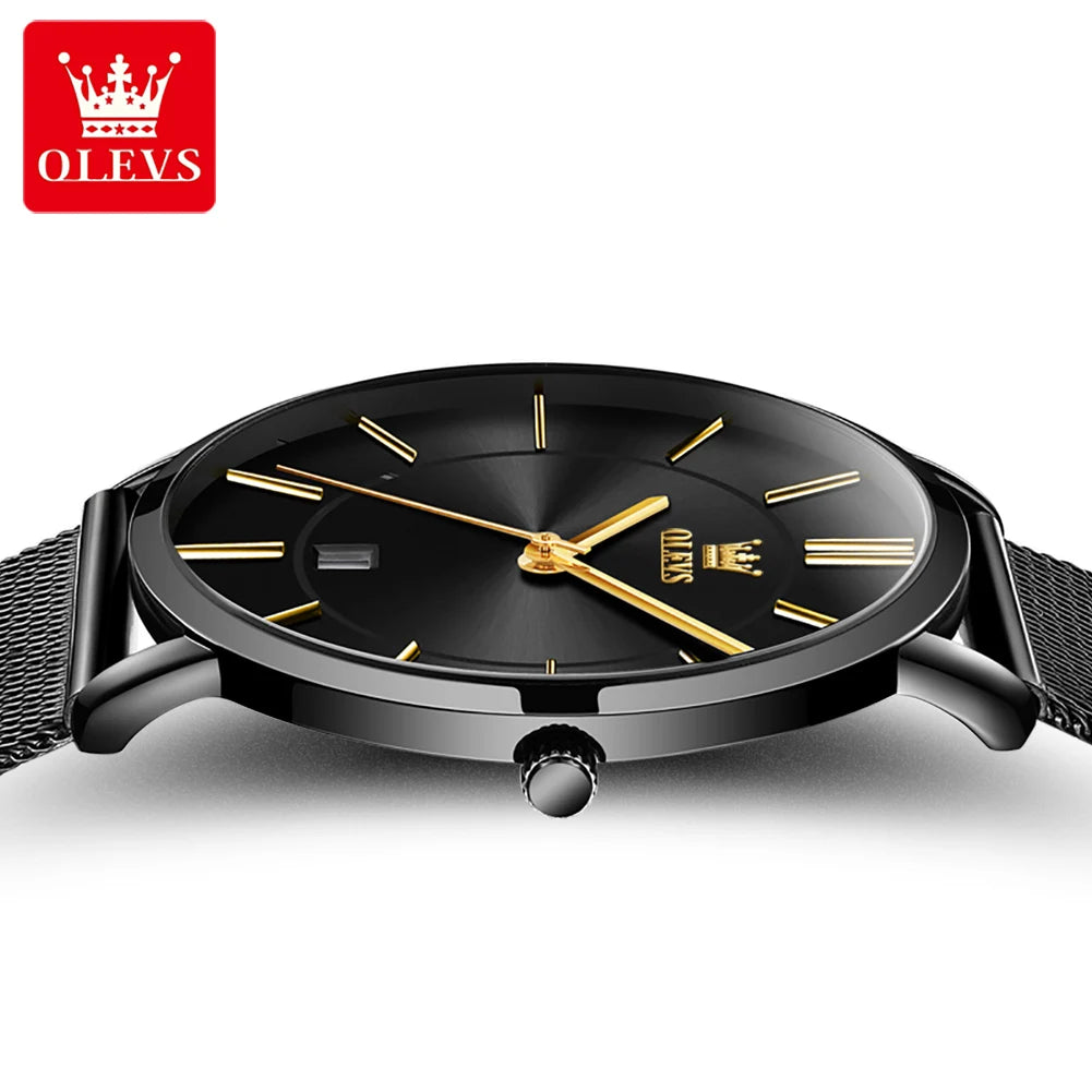 OLEVS Brand 5869 Ultra Thin 6.5mm Minimalist Fashion Quartz Watch for Men Mesh Steel Strap Auto Date Waterproof Men Wristwatches