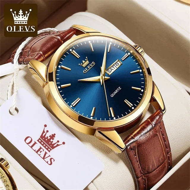 OLEVS  6898 Top Brand Quartz Watch for Men Leather Strap Waterproof Wristwatch Date Week Display Popular Casual Dress Men Watch