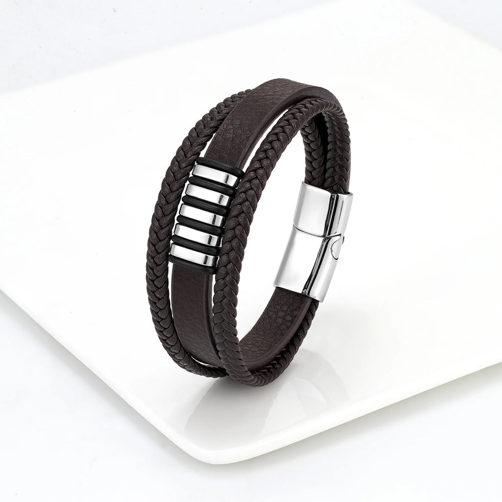 European And American Popular Stainless Steel Leather Bracelet Men's Multilayer Woven Leather Bracelet