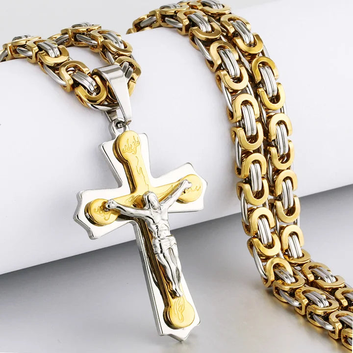Men's Heavy Crucifix Cross Pendant Necklace – Stainless Steel Byzantine Chain