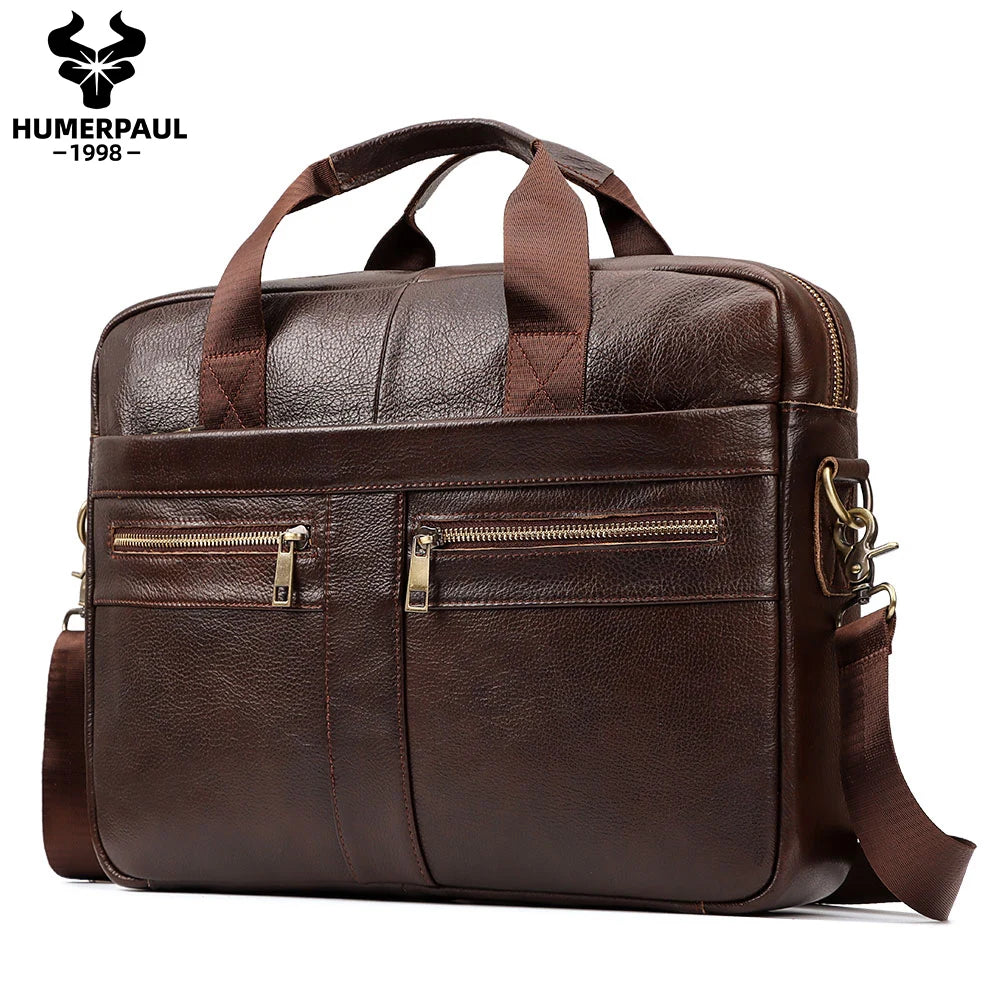 HUMERPAUL Genuine Leather Briefcase | 14" Laptop Shoulder & Messenger Bag