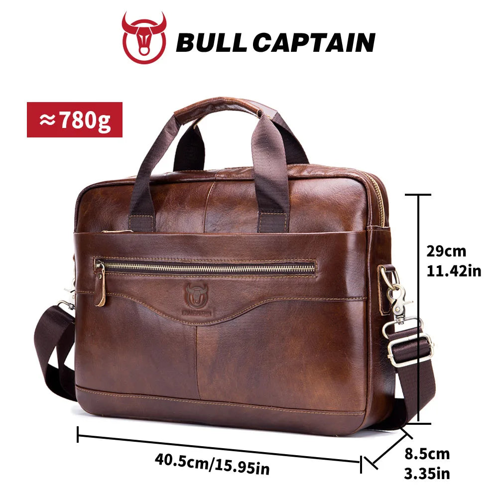 BULLCAPTAIN Genuine Leather Briefcase | 14" Laptop Shoulder & Messenger Bag