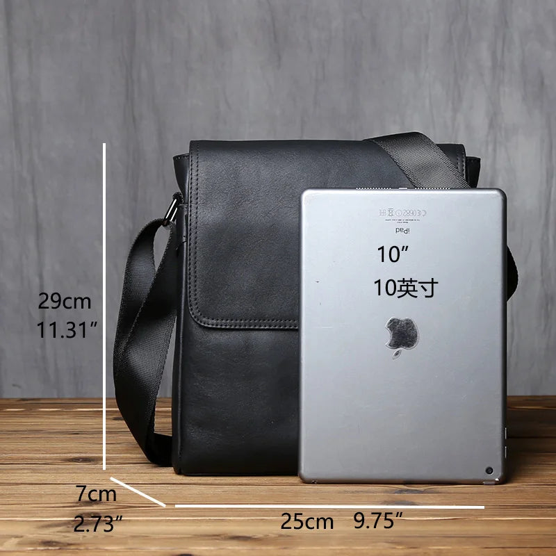 Men's Genuine Leather Shoulder Bag – Natural Cowhide Crossbody, 10" iPad Compatible