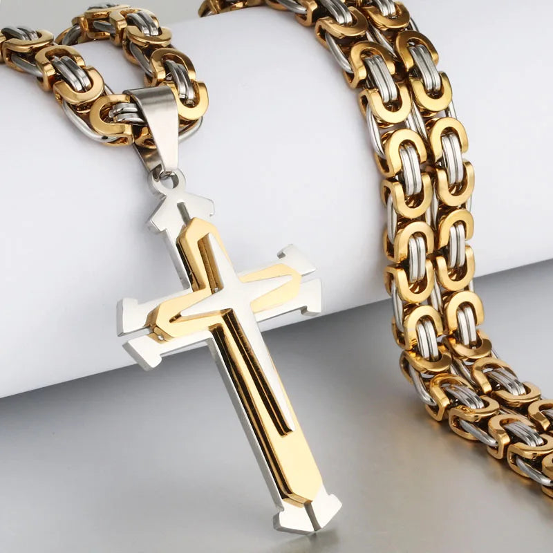 Men's Heavy Crucifix Cross Pendant Necklace – Stainless Steel Byzantine Chain