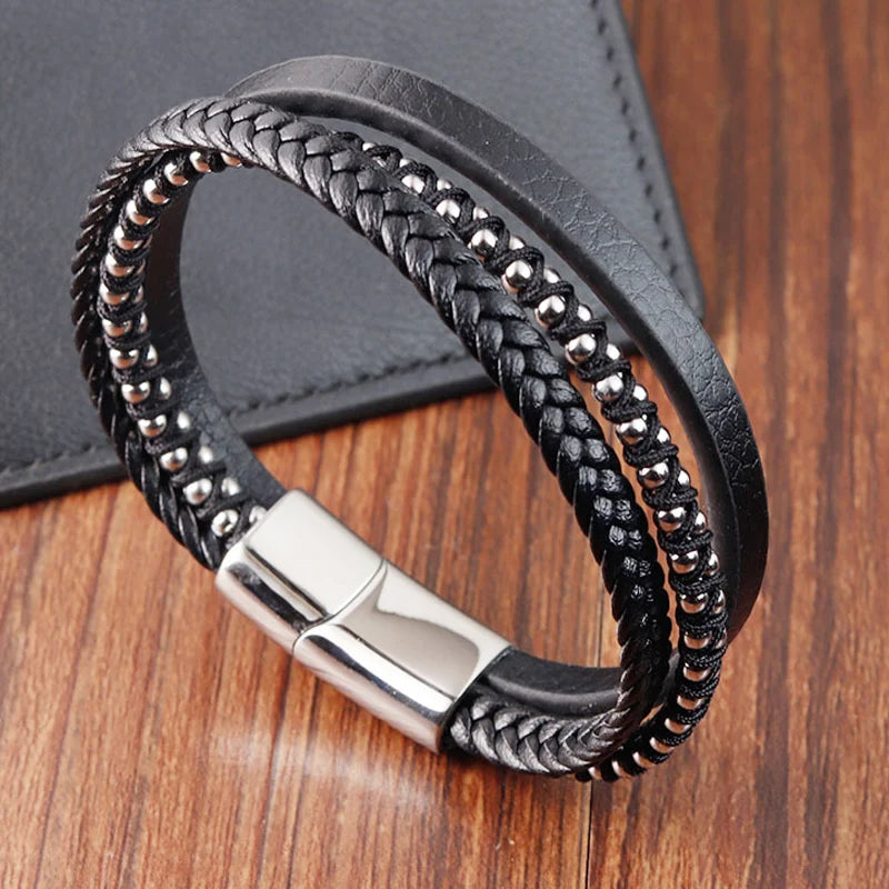 Men's Braided Leather Rope Bracelet – Punk Stainless Steel Bangle