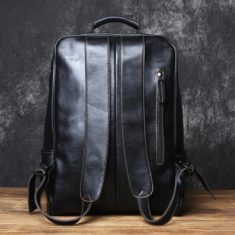 Men's Genuine Leather Backpack – Handmade Natural Cowhide, Full Leather Back Panel, 15.6" Laptop