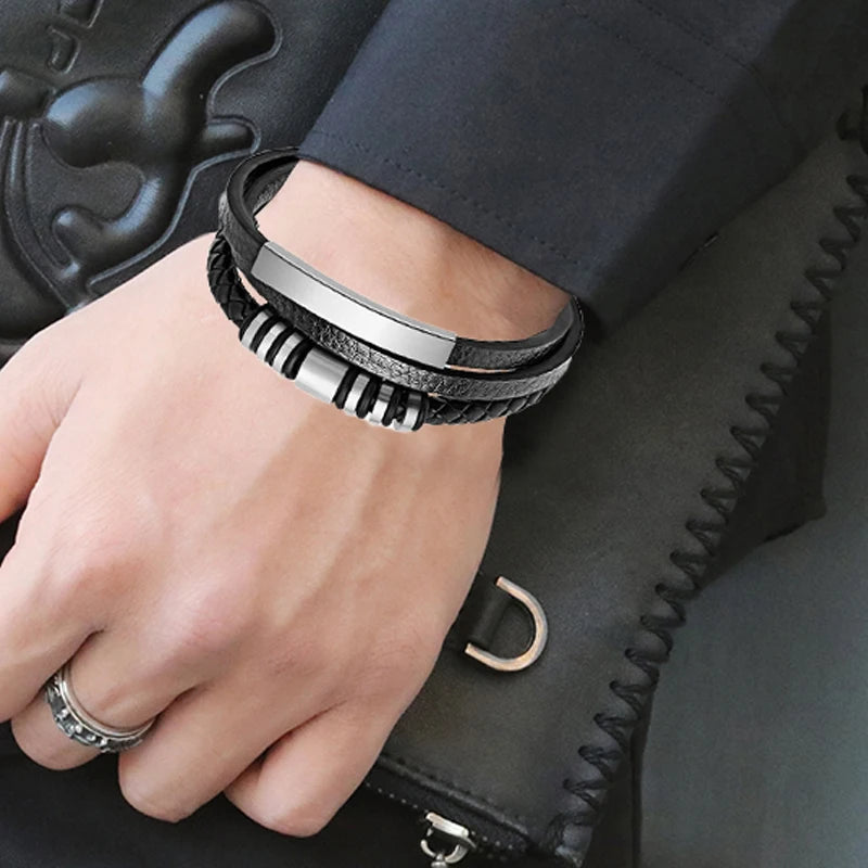 2022New MingAo Stainless Steel Beads Bracelet Fashion Men's Jewelry Classic Multilayer Leather Bracelet Homme Men Boyfriend Gift