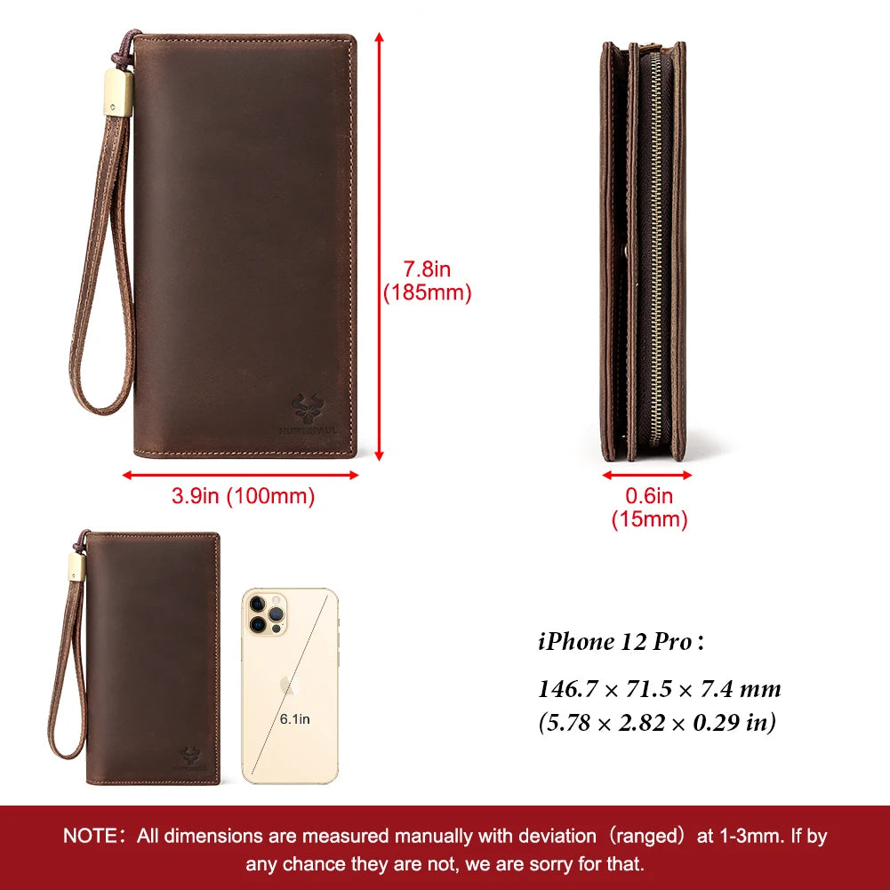Genuine Leather Long Wallet for Men — RFID Blocking with Phone Pocket & Card Slots