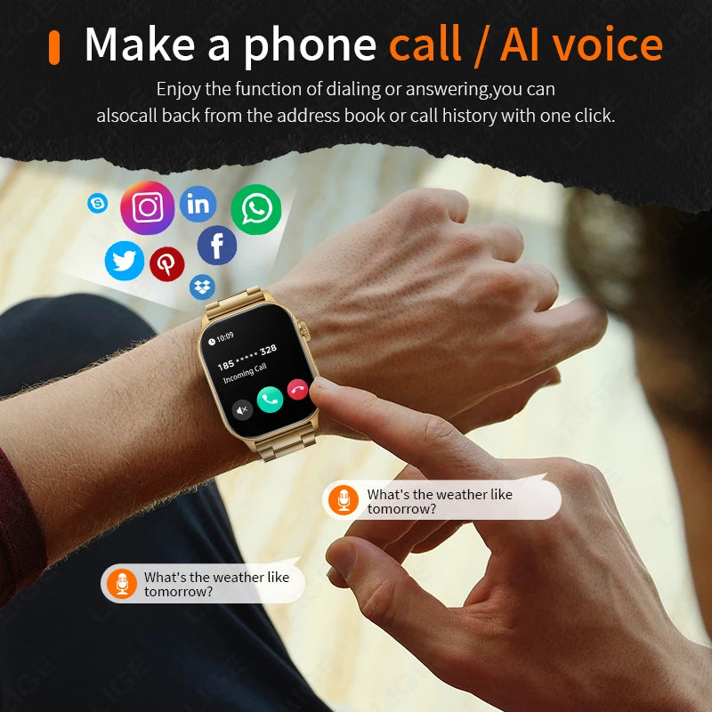 LIGE Smart Watch – 2.01" Display, 40-Day Standby, Bluetooth Calling, GPS, IP68