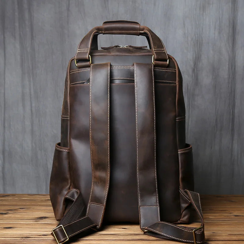 Men's Crazy Horse Leather Backpack – Retro Top-Layer Cowhide, 17" Laptop, Large Capacity