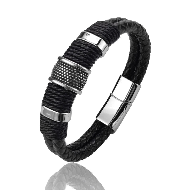 Men's Vintage Multilayer Leather Bead Bracelet – Stainless Steel Charm Bangle