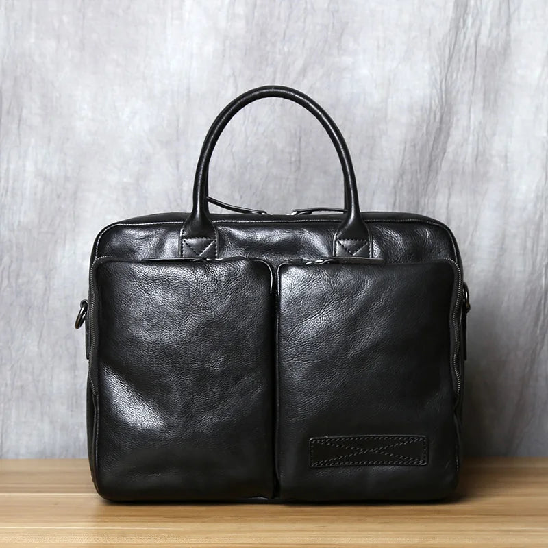 Men's Genuine Leather Briefcase – Retro Cowhide, Back 12" Tablet Pocket, 14" Laptop