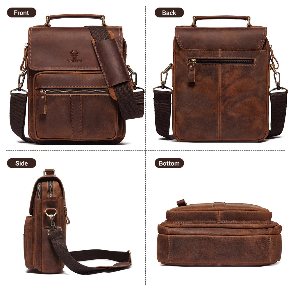 Genuine Leather Business Shoulder Bag for Men — Vintage Crossbody Messenger with Adjustable Strap