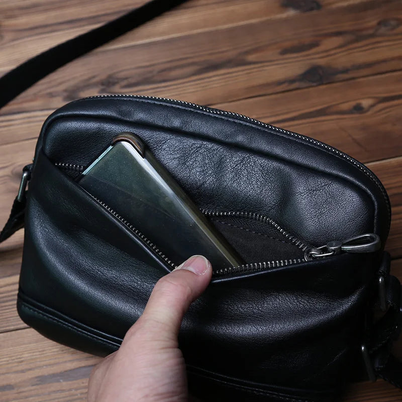 Men's Genuine Leather Mini Shoulder Bag – Compact Cowhide Messenger, 8" iPad, Horizontal