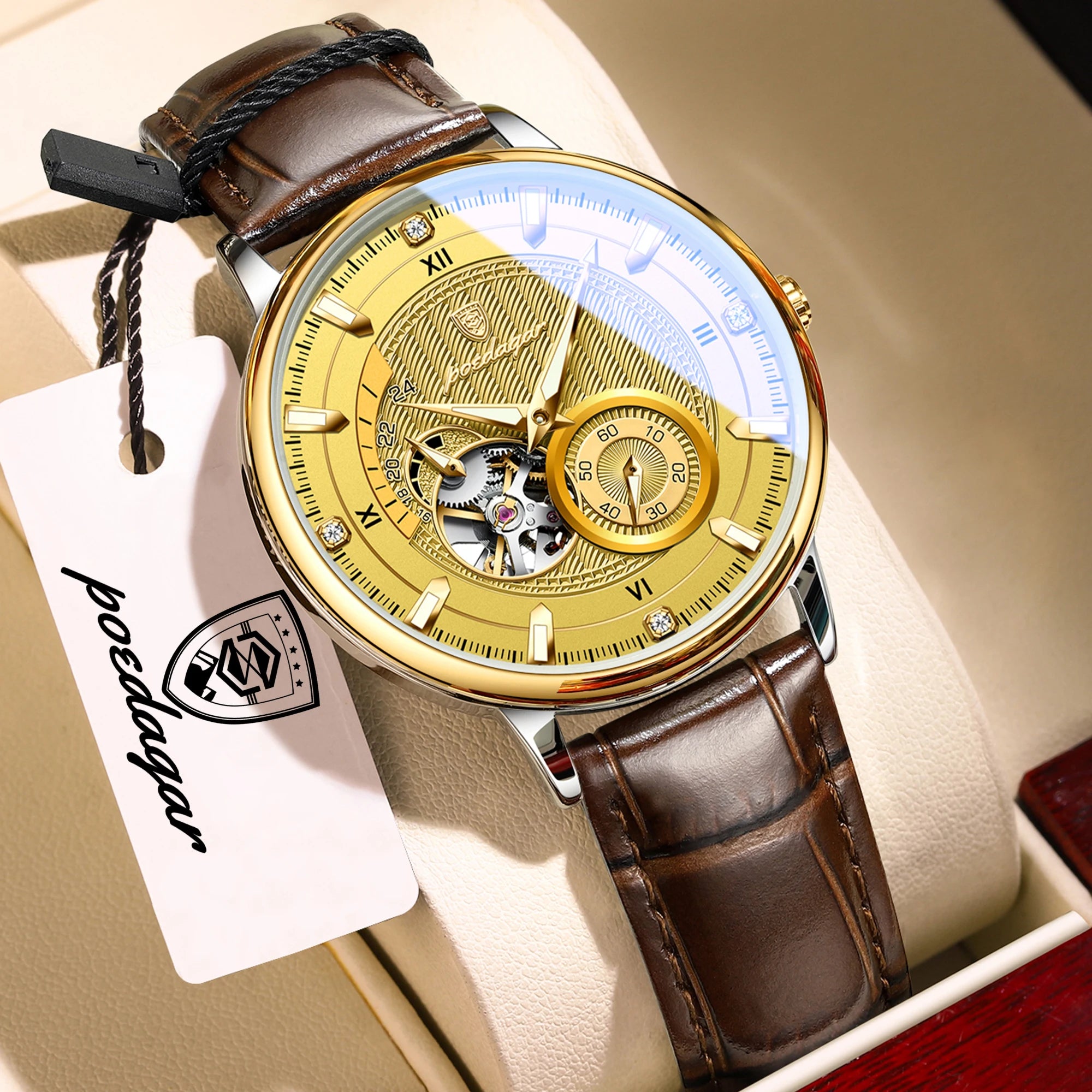POEDAGAR Business Men Watch Waterproof Luminous Hollow Tourbillon Leather Male Clock Fashion Automatic Mechanical Men's Watches