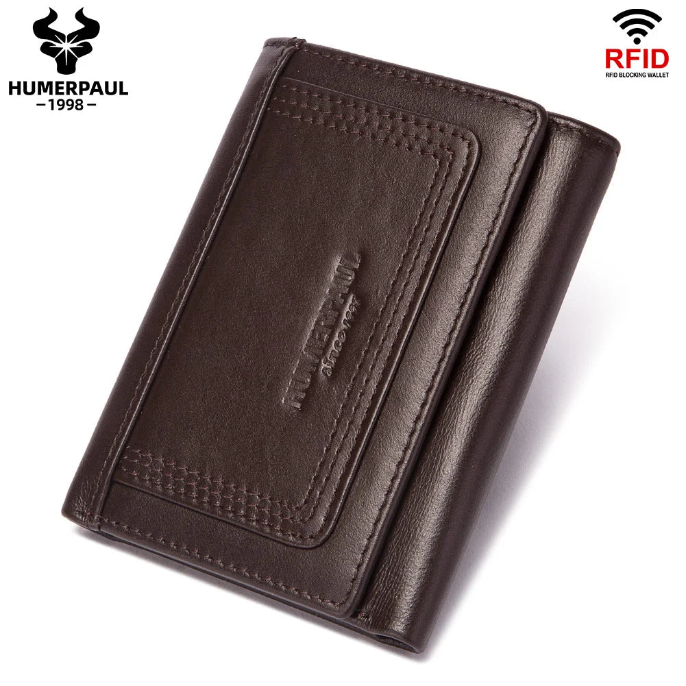 HUMERPAUL Genuine Leather Trifold Wallet – RFID Blocking, Coin Pocket & Card Holder