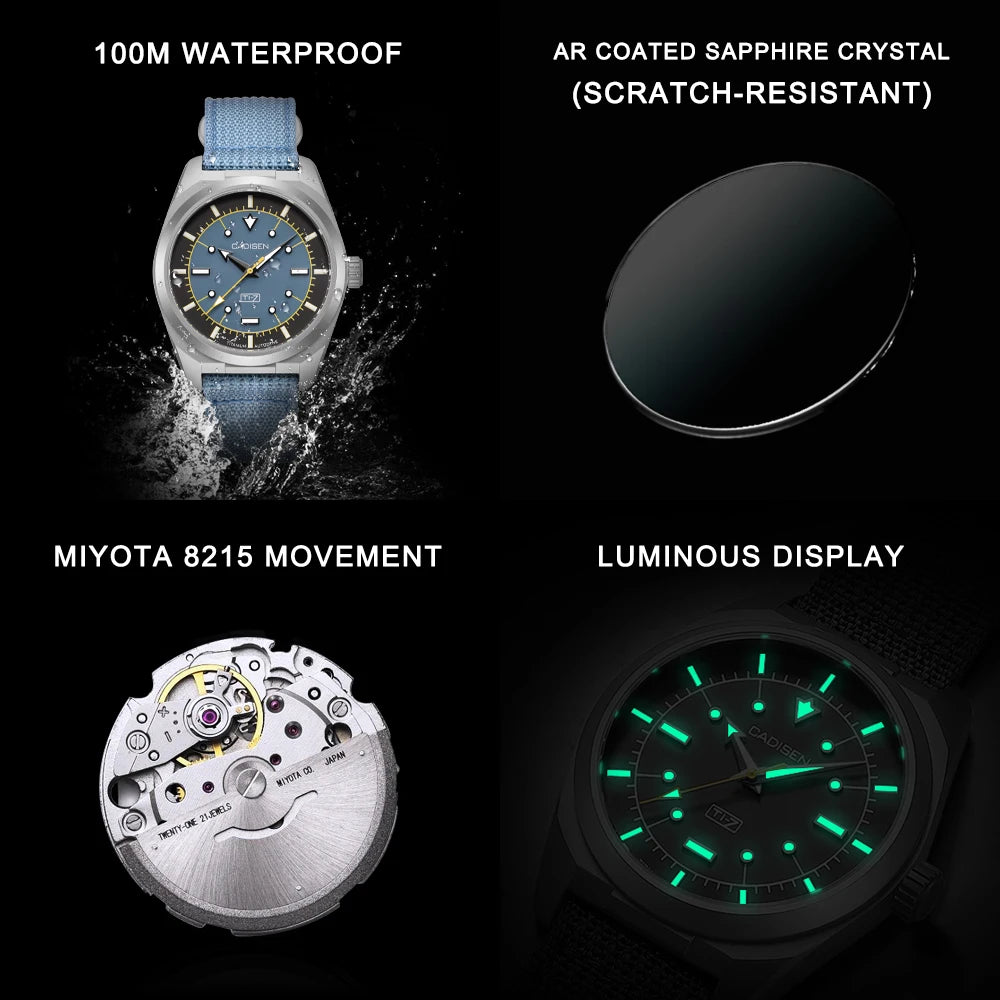 Cadisen C8246 Automatic Watch – Miyota 8215, Sapphire Crystal, NATO Strap, 100m Water Resistant