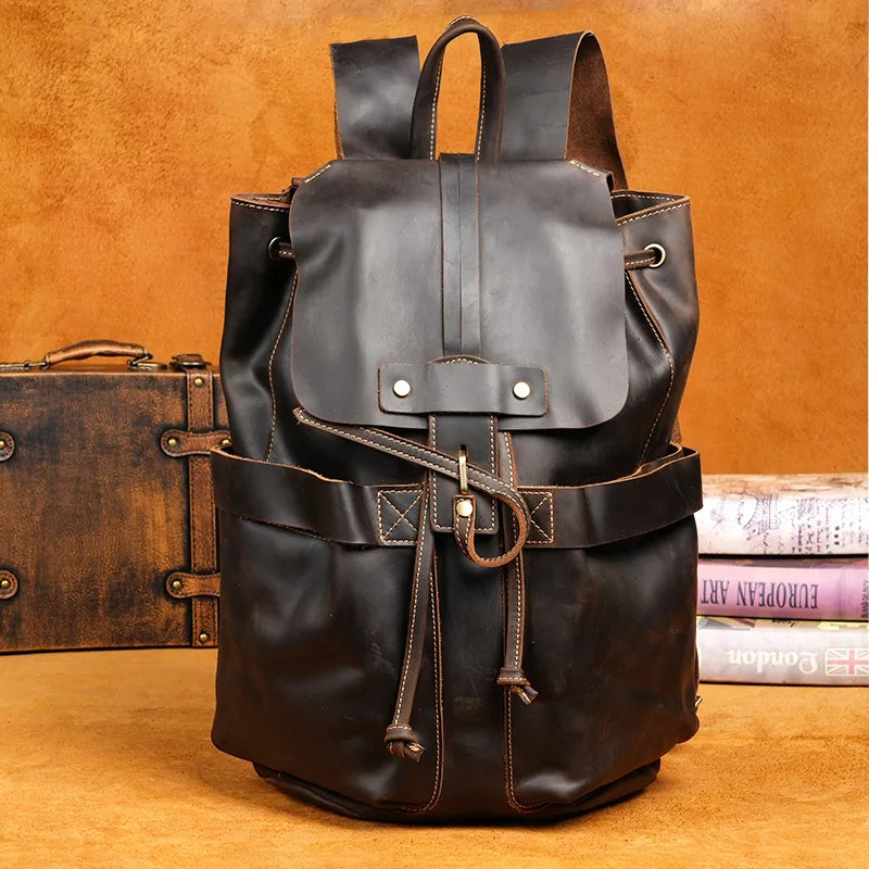 Miflame Vintage Crazy Horse Leather Backpack – Top Grain, Large Capacity, Laptop