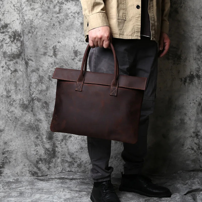 Men's Crazy Horse Leather Clutch Briefcase – Slim Cowhide, Two Sizes, 15" or 16" Laptop