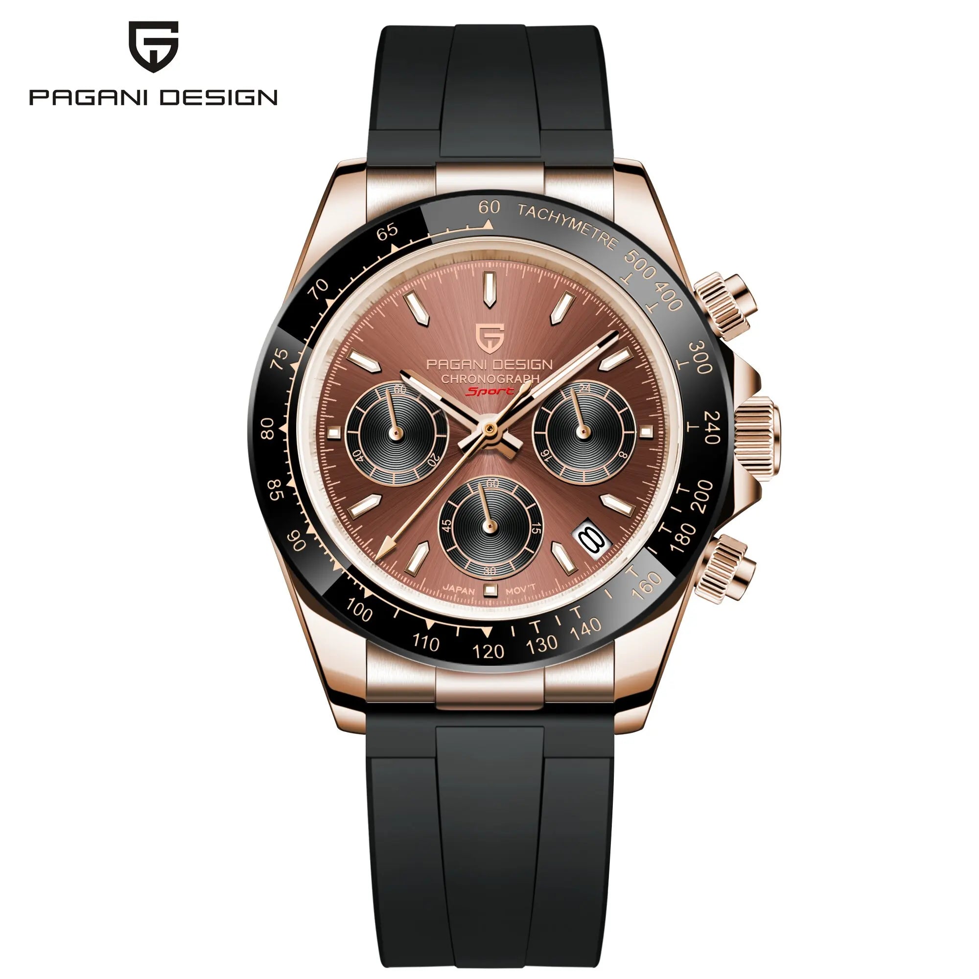 Pagani Design PD1664 Quartz Chronograph Watch – Sapphire Crystal, Rubber Strap, 100m Water Resistant