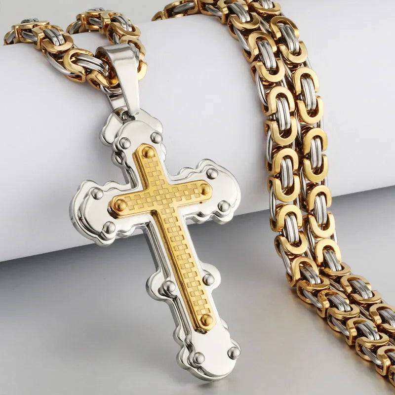 Men's Heavy Crucifix Cross Pendant Necklace – Stainless Steel Byzantine Chain