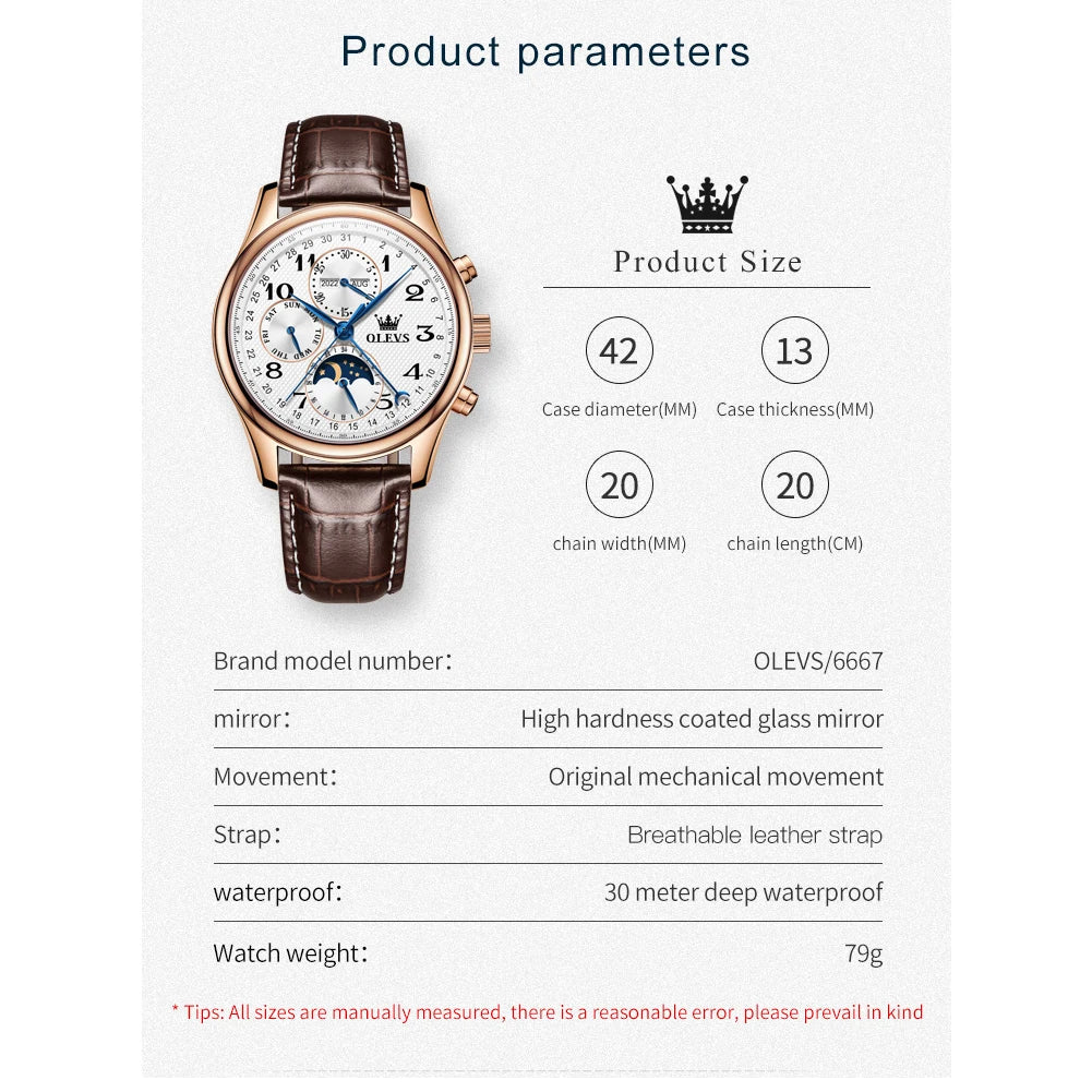 OLEVS Original Automatic Mechanical Watch for Men Leather Strap Moon Phase Waterproof  Week Calendar Business Men's Wristwatches