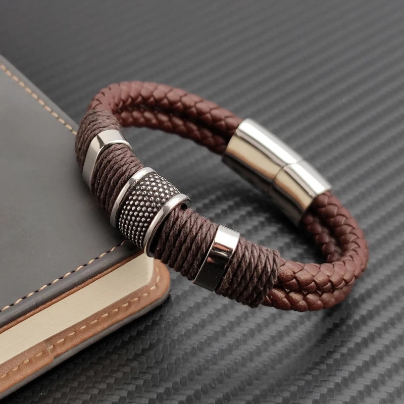 Charm Vintage Multilayer Brown Leather Stainless Steel Men Bracelet Bead Bracelet Jewelry Male Wrist Bangle Christmas Gifts